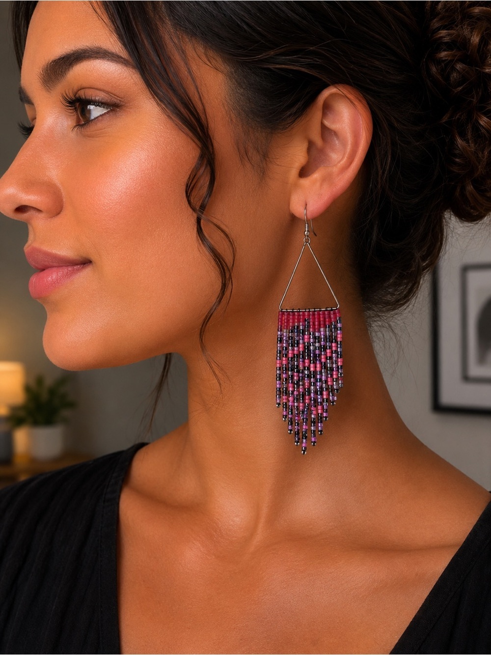 Pink and Purple Beaded Fringe Earrings
